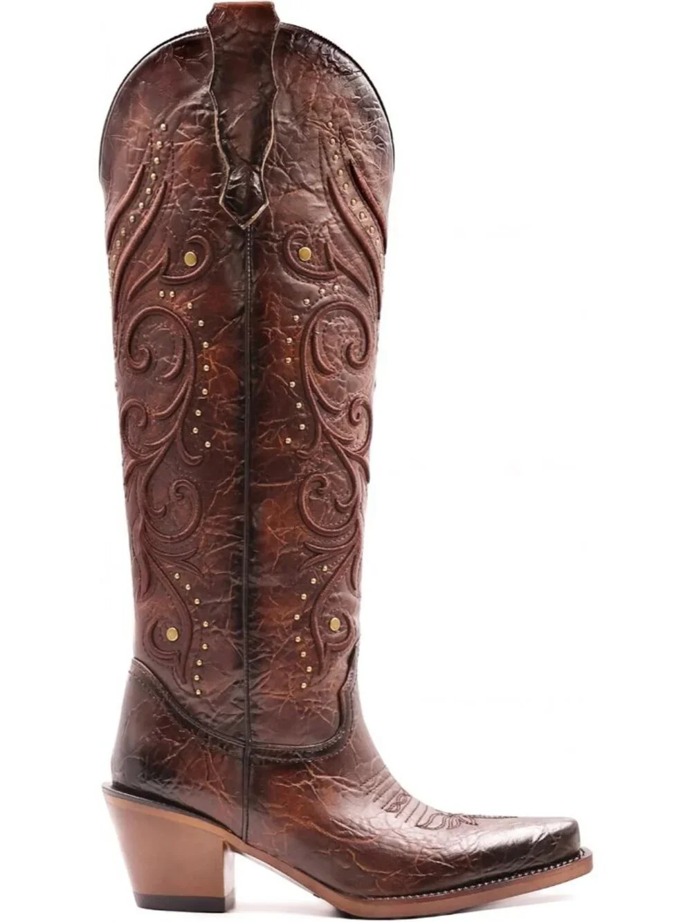 Women's Brown Polyurethane Pointed Toe Knee High Side Zipper Chunky Heel Boots